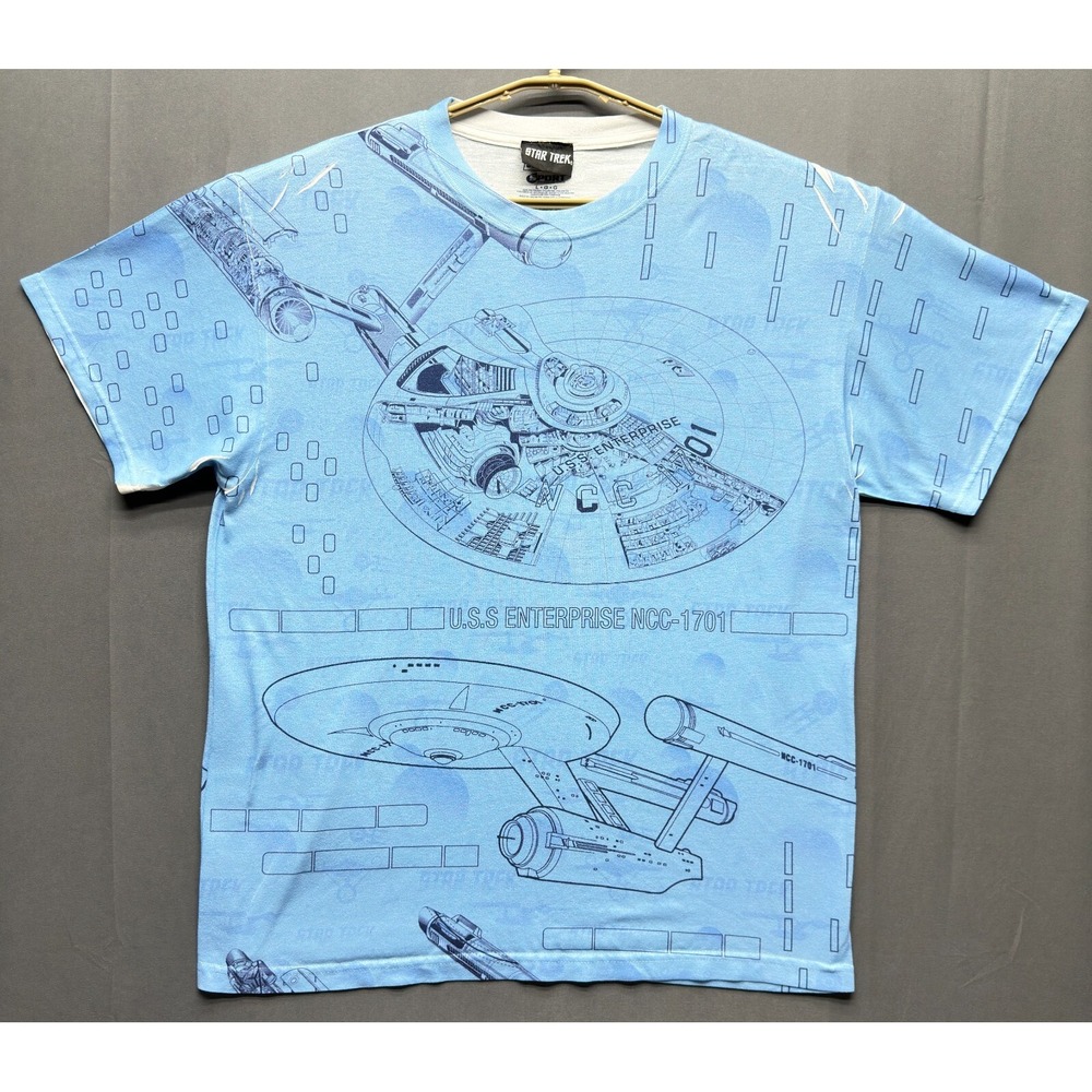 Star‎ Trek Shirt Mens Large Blue Print USS Enterprise Space Ship Jerzees Tee L